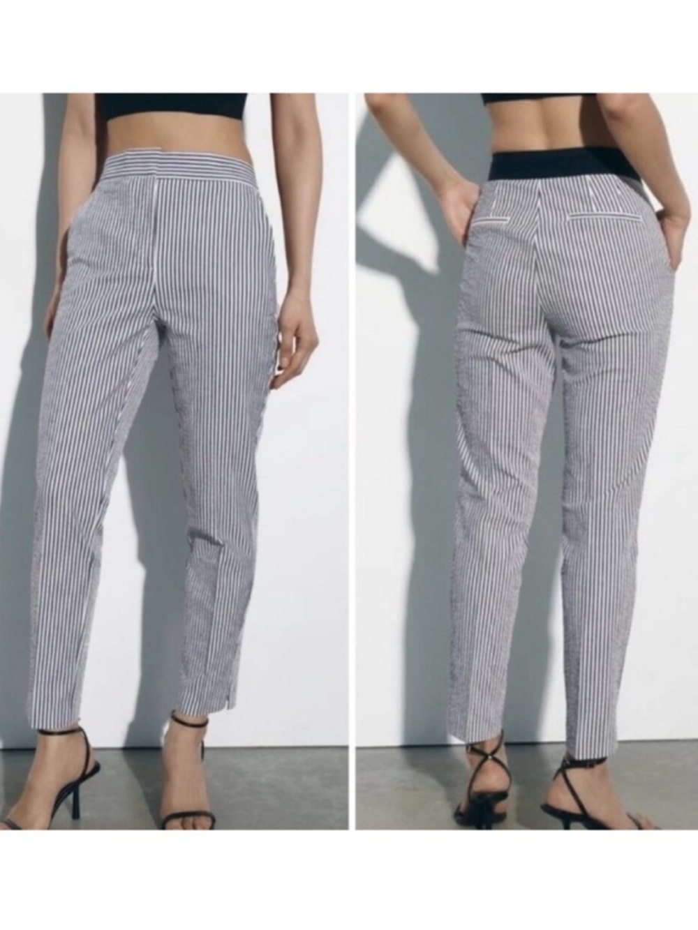 Zara Seersucker Striped Trouser Pants Women’s Size Small White Navy Blue